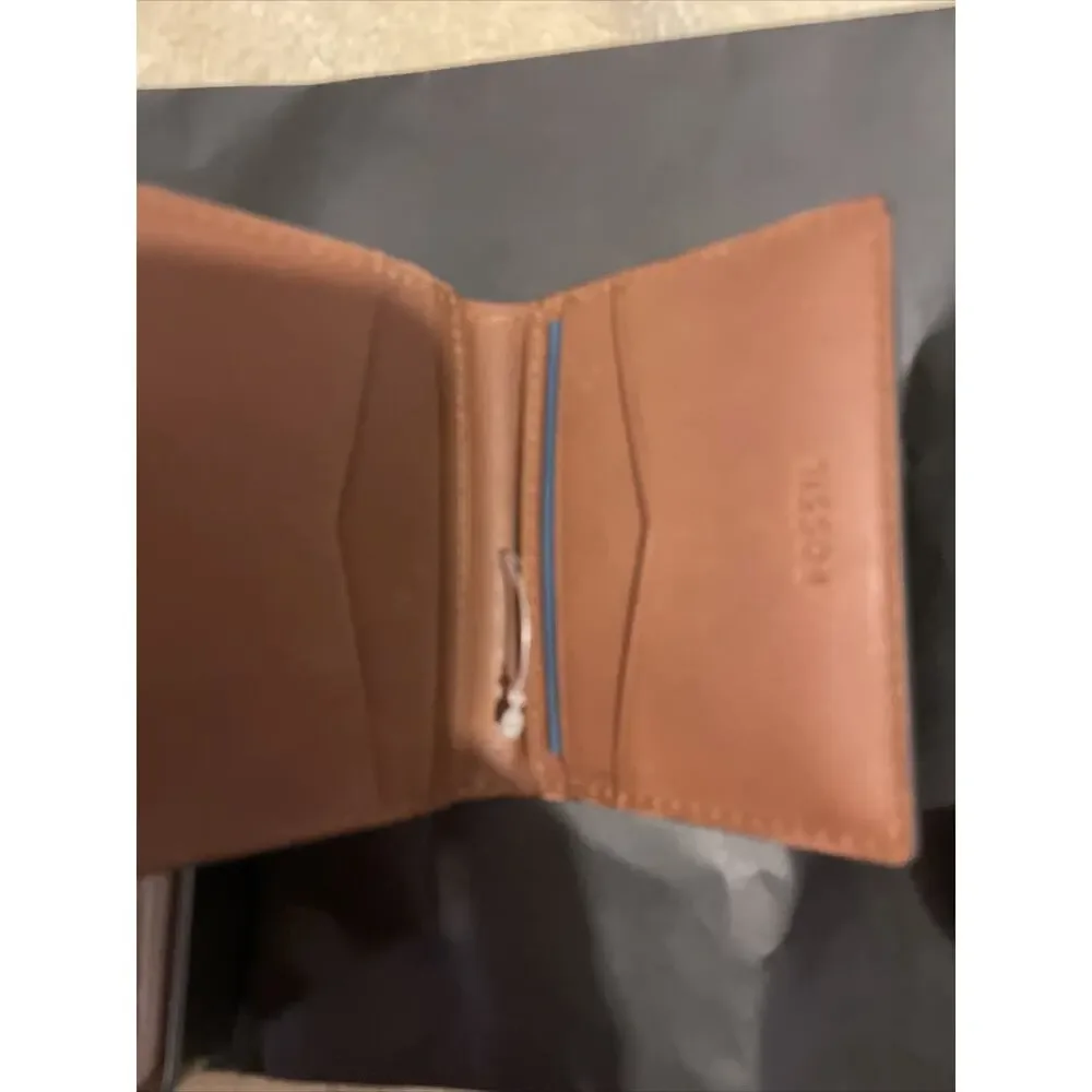 mens fossil coin cardcase bilfold leather brown new